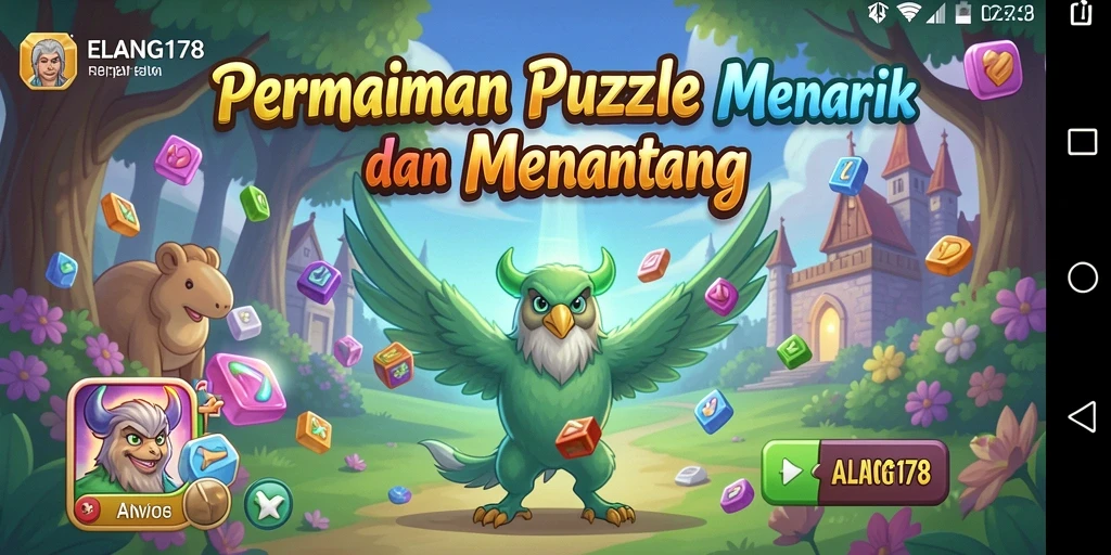 Screenshot utama ELANG178 menunjukkan gameplay puzzle yang menarik dan penuh warna.