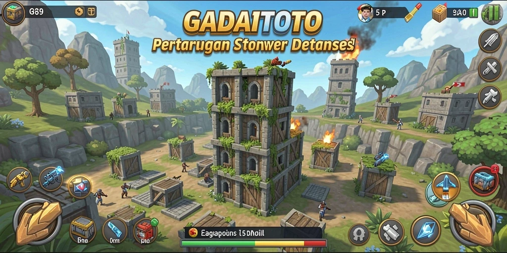 Tangkapan layar gameplay GADAITOTO yang menampilkan menara dan serangan musuh.
