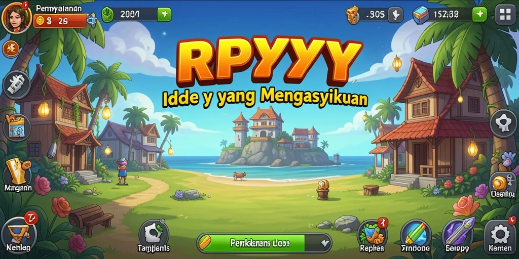 Screenshot gameplay RPYYY menampilkan pembangunan kerajaan yang menarik.