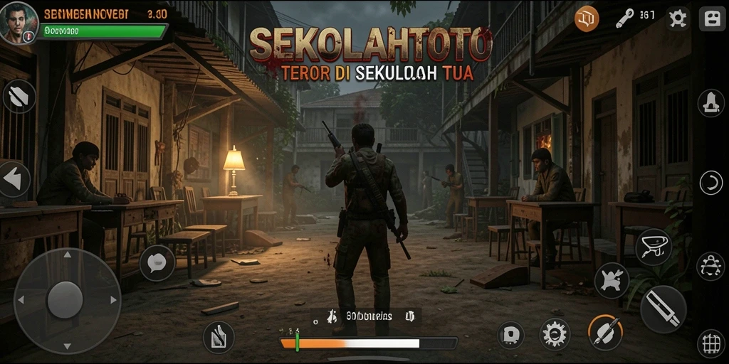 Screenshot gameplay menegangkan dari SEKOLAHTOTO dengan suasana horor yang mencekam.